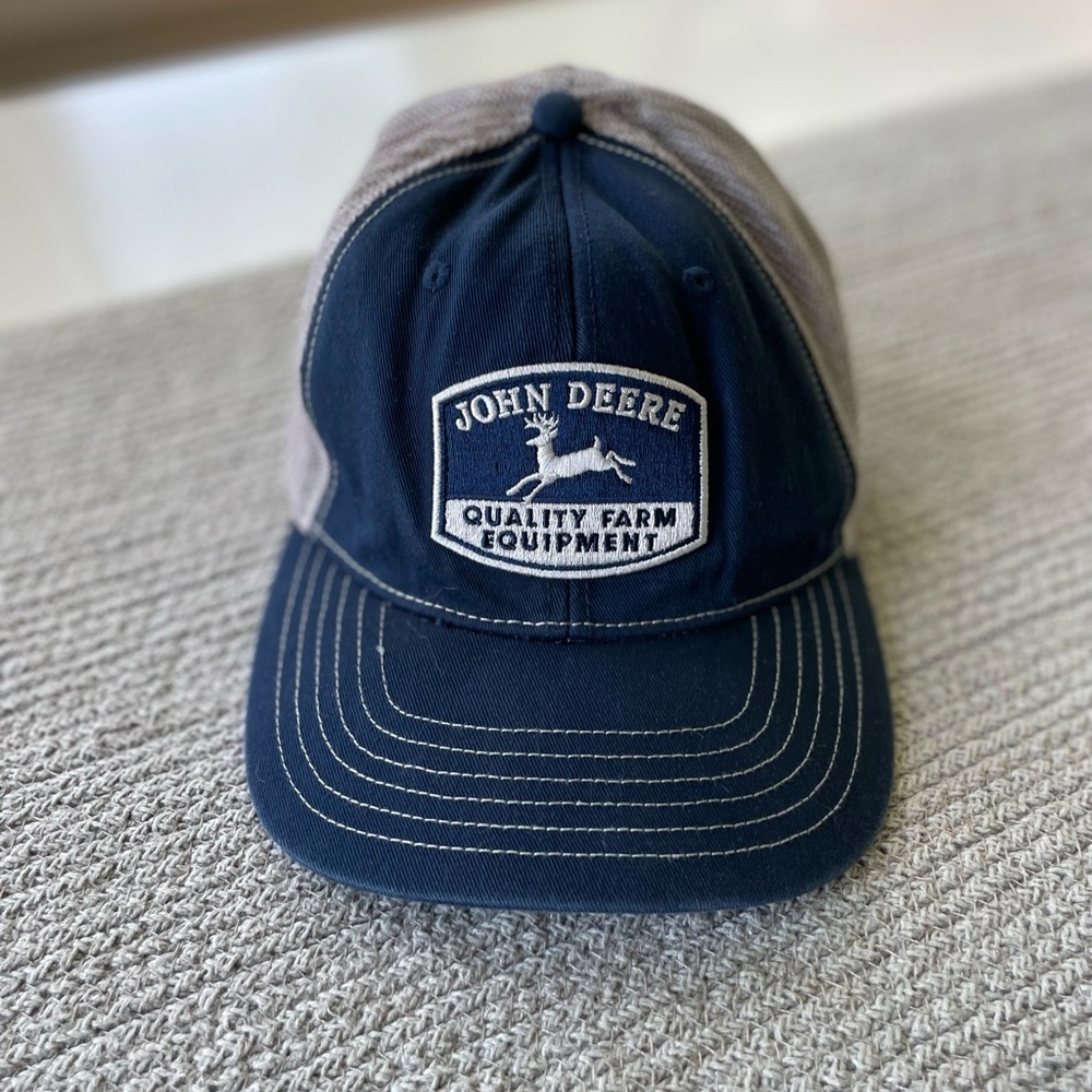 John Deere Navy Blue Gray Mesh Back Trucker Hat Adjustable Snap Back One Size
